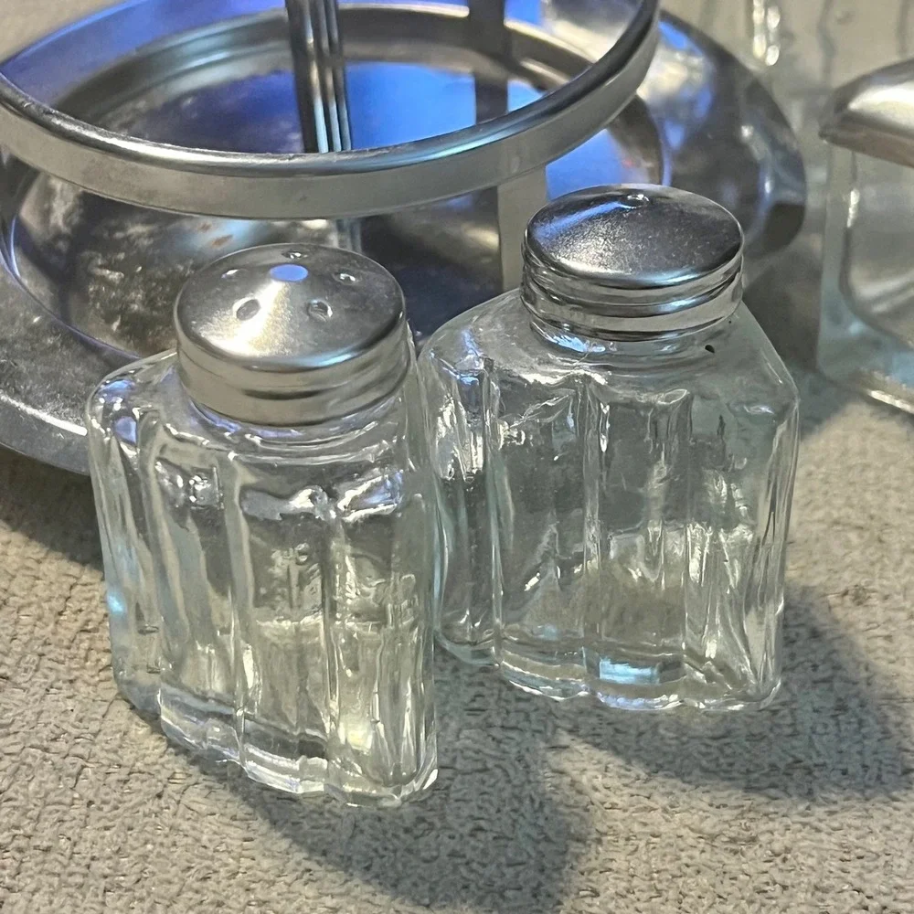 Vintage 5 Piece Glass Cruet Set with Metal Caddy Salt Pepper Oil Vinegar Mustard